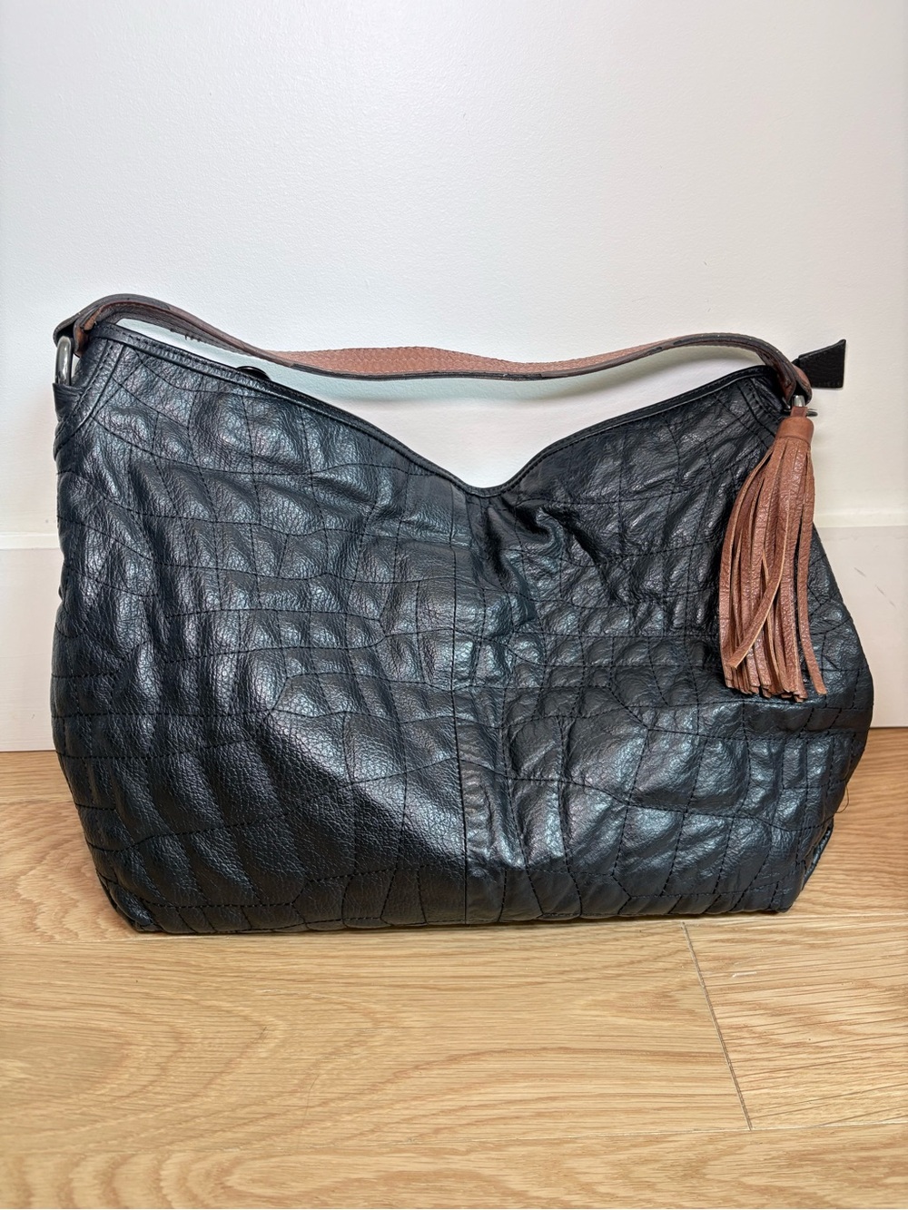 BCBGMAXAZRIA Black Leather Hobo Bag with Brown Strap & Tassel